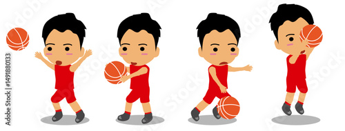 Cute Cartoon Boy Playing Basketball – Pass, Dribble, Dodge, and Shoot