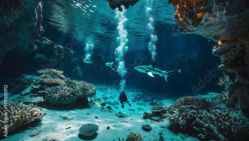 A lone cave diver explores the expansive underwater caverns of Misool, observing sharks amidst the high-fidelity coral formations in the crystal-clear depths.