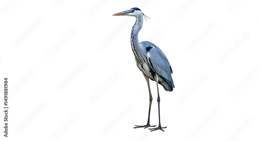 Fototapeta premium Elegant Grey Heron Standing Tall with Detailed Plumage and Sharp Beak