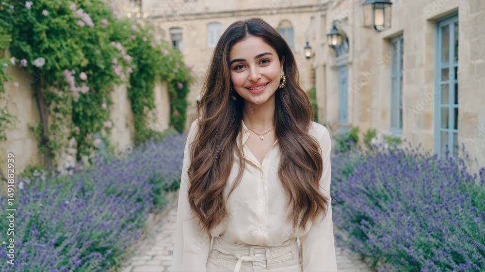 Fototapeta premium Portrait of a Young Azerbaijani Woman in Cream Blouse Surrounded by Lavender Flowers in Garden