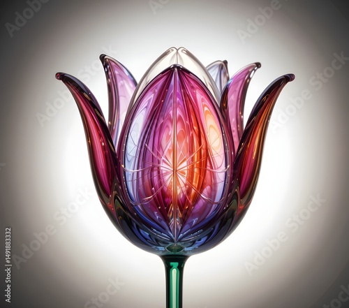 A tulip crafted from exquisite Venetian glass, showcasing intricate detailing and vibrant colors. The glasswork exhibits a smooth, glossy texture with light refracting through its delicate form photo