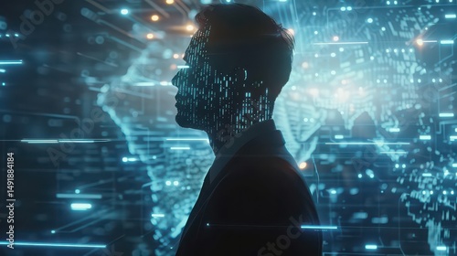 Silhouette of a person overlaid with digital data and a world map in a futuristic design scheme