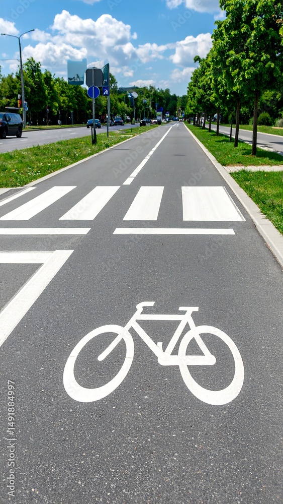 Obraz premium Bike path road surface, Bicycle lane asphalt, Road markings, Urban infrastructure