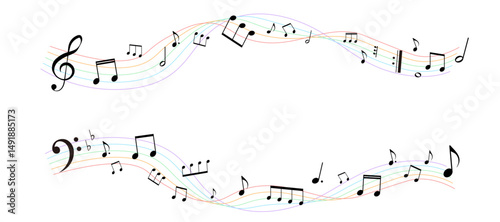 遠近感のある楽譜のフレームイラスト　虹色の五線譜　背景イラスト　音符、休符、音楽記号のイラスト