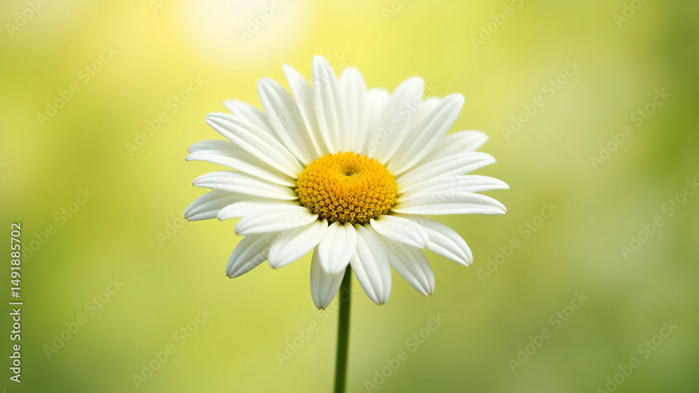 Naklejka premium White Daisy Flower with Yellow Center on Soft Green Background - Ultra-Detailed, Bright, and Clean Floral Visual for Wellness, Eco Lifestyle, or Natural Product Branding
