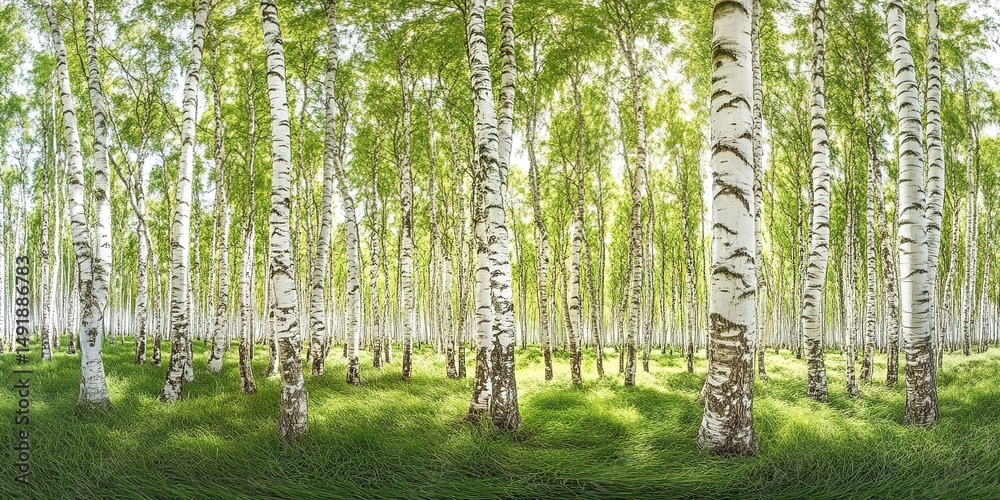 Obraz premium Panoramic view of dense birch forest with white trunks and green undergrowth in spring.