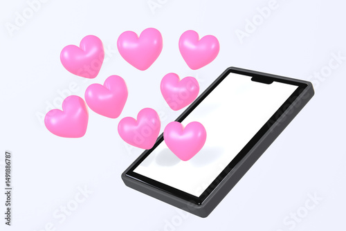 スマートフォン（黒）の画面に溢れるハートマーク