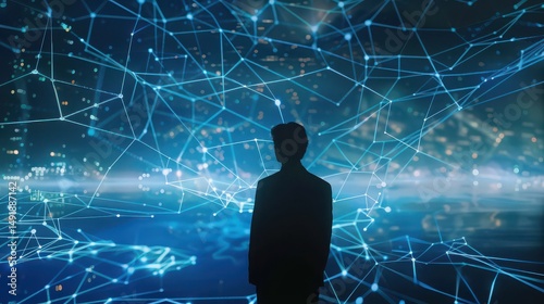 A silhouette of a person looking at a blue network of connected dots and lines on a screen display