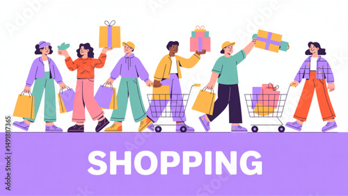 colorful vector illustration of people shopping