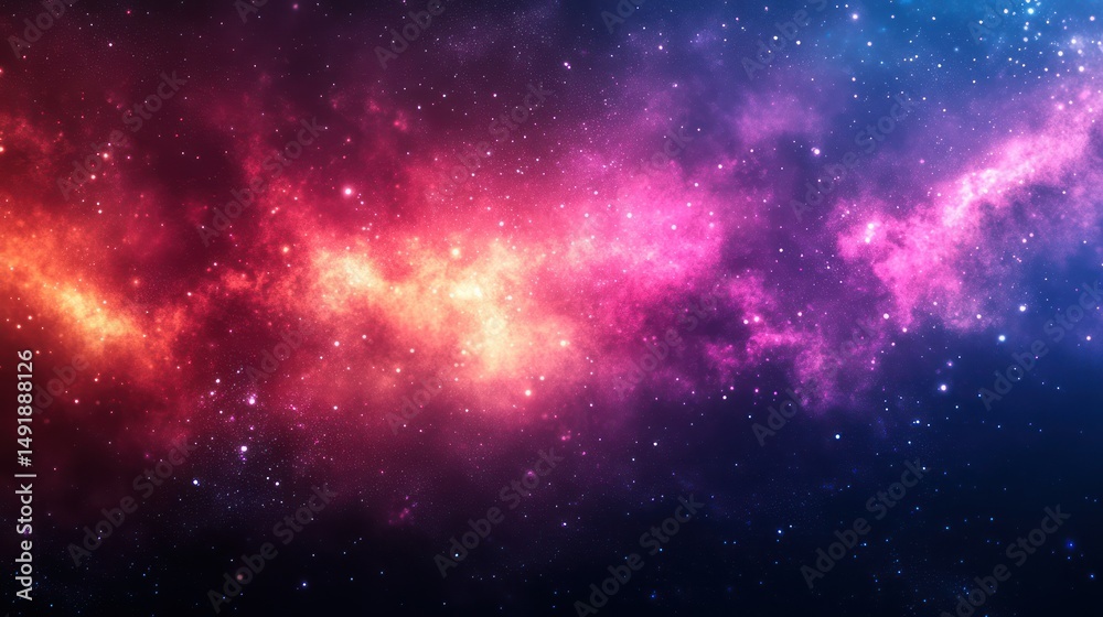 Naklejka premium Cosmic Nebula Red, Pink, Blue Gas Cloud, Starry Background, Space Design