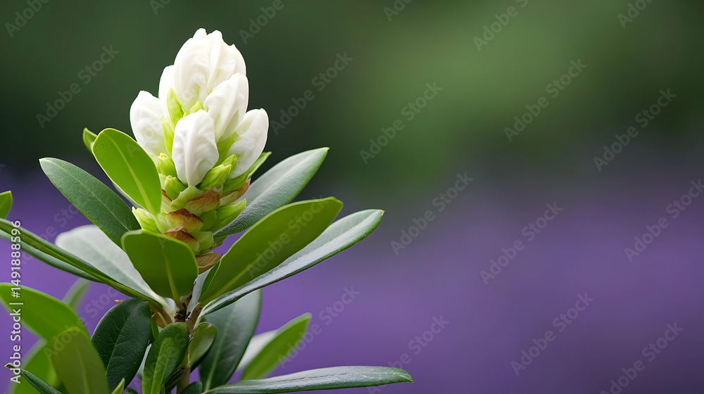 Fototapeta premium Closeup Of White Flower Bud With Green Leaves