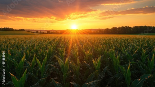Picturesque field of corn during a vibrant sunset over a cultivated landscape