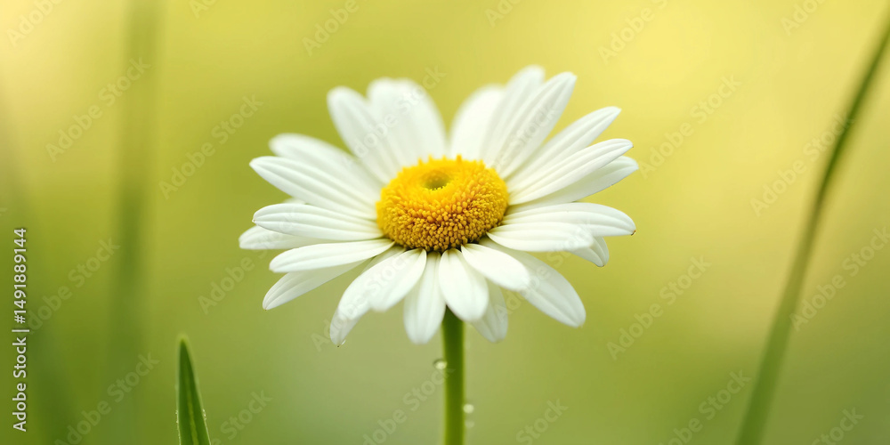 Naklejka premium White Daisy Flower with Yellow Center on Soft Green Background - Ultra-Detailed, Bright, and Clean Floral Visual for Wellness, Eco Lifestyle, or Natural Product Branding