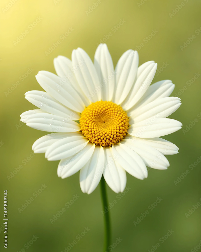 Fototapeta premium White Daisy Flower with Yellow Center on Soft Green Background - Ultra-Detailed, Bright, and Clean Floral Visual for Wellness, Eco Lifestyle, or Natural Product Branding