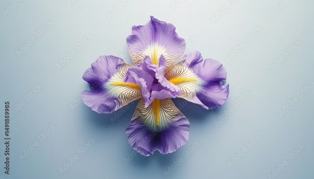 Obraz premium A blooming purple iris flower with white and yellow patterns on petals against a light-blue background.