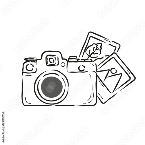 Cute Doodle Hand Drawn Camera Icon Isolated on White Background. Sketch Photo Camera Sticker, Logo. Vector Photographer Day Element in Lineart Style. Ink Icon for Banner, Poster, Business cards, Logo.