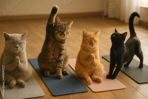 Cats practicing yoga on mats with paws in namaste pose in sunlit room