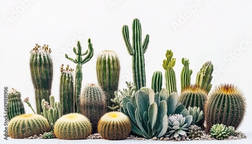Group of cacti and succulents arranged against white background.