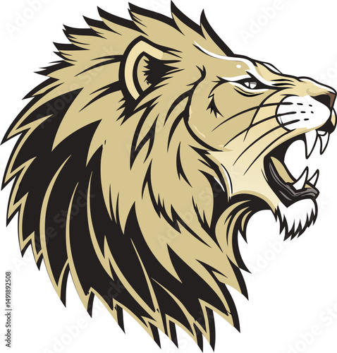 A striking illustration of a lion's head, its fierce expression and open roar conveying power and dominance.