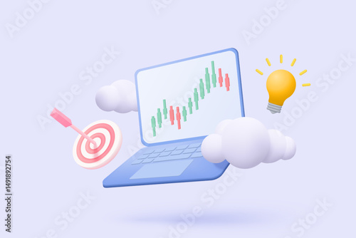 3D online trading with laptop on blue background. Notebook using funding graph on computer with arrow hit center and light bulb concept. 3d vector trading for business investment render illustration