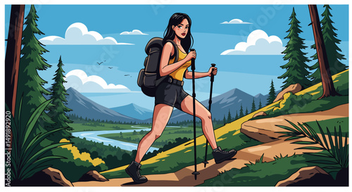 Summer healthy sports lifestyle: Cartoon illustration of a woman hiking with a backpack and trekking pole on a scenic mountain trail overlooking a river. Active outdoor adventure