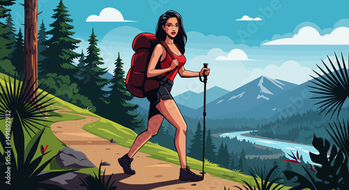 Summer healthy sports lifestyle: Cartoon illustration of a woman hiking with a backpack and trekking pole on a scenic mountain trail overlooking a river. Active outdoor adventure