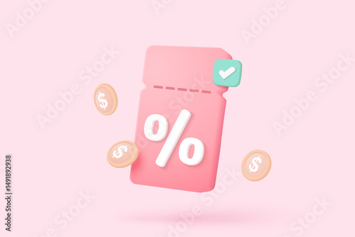 online shopping tag price 3d render vector, discount coupon of money for future use. sales with an excellent offer 3d for shopping online, Special offer promotion on price tags on pink background