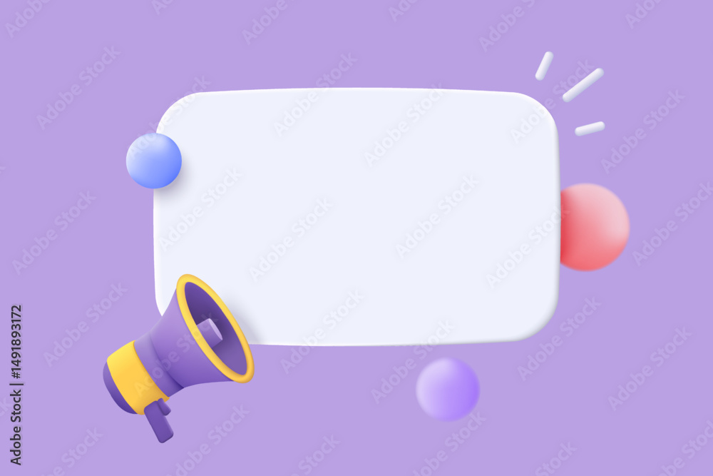 Fototapeta premium 3d megaphone speaker or loudspeaker bullhorn for announce promotion, megaphone loud hailer with microphone mockup, speakerphone 3d vector render for alert and announcement on isolate purple background