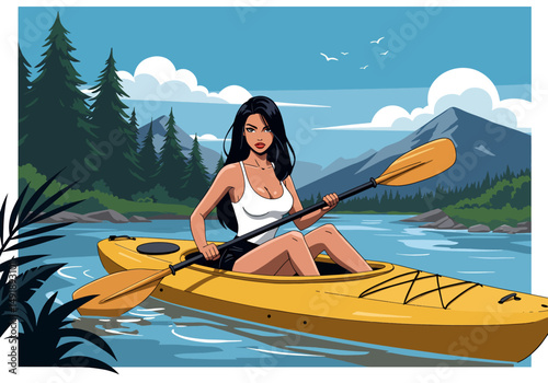 Summer healthy sports lifestyle: Cartoon illustration of a woman kayaking on a serene lake or river surrounded by mountains and forests under a bright summer sky. Active outdoor adventure