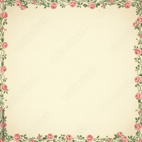 A delicate beige background framed by a border of soft pink roses and green leaves.