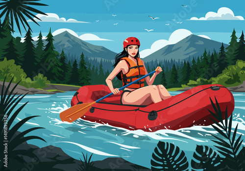 Summer healthy sports lifestyle: Cartoon illustration of a woman white water rafting on a river surrounded by forests and mountains under a bright summer sky. Active outdoor adventure
