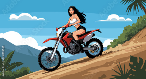 Summer healthy sports lifestyle: Cartoon illustration of a woman riding a trail motocross bike, jumping over a dirt hill with a scenic mountain backdrop. Active summer adventure
