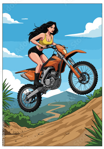 Summer healthy sports lifestyle: Cartoon illustration of a woman riding a trail motocross bike, jumping over a dirt hill with a scenic mountain backdrop. Active summer adventure
