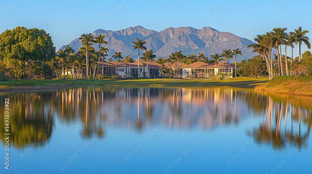 Fototapeta premium Serene lake reflecting houses, palm trees, and mountains at sunrise.