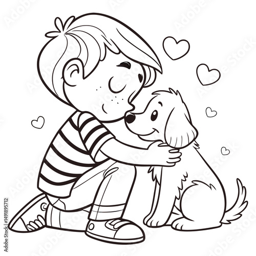 Cute Boy Hugging Puppy with Love Hearts, Line Art Illustration for Coloring Book or Printables, Kids Activity