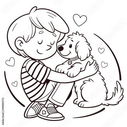 A sweet boy hugs his fluffy puppy in a loving embrace, with hearts surrounding them. Coloring page illustration.
