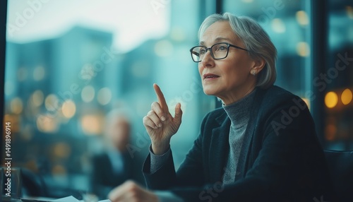 Senior Businesswoman Leading Meeting, Pointing Finger During Strategic Discussion
