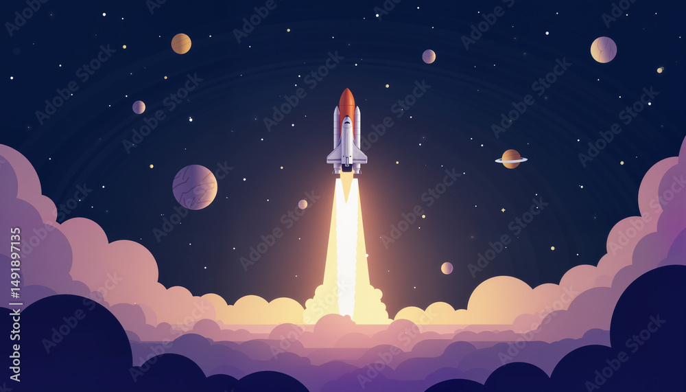 Naklejka premium Rocket launching into space with planets and clouds