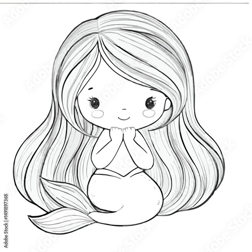 Adorable Line Art Illustration of a Smiling Mermaid with Long Hair Sitting Calmly, Isolated on White Background.