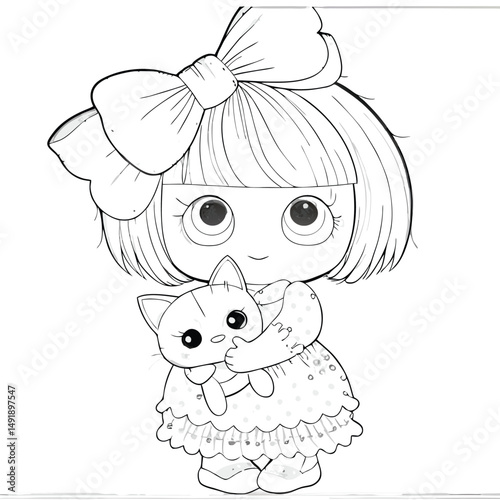 Cute Cartoon Girl Hugging Kitten, Outline Illustration for Coloring Pages and Children's Book Art.