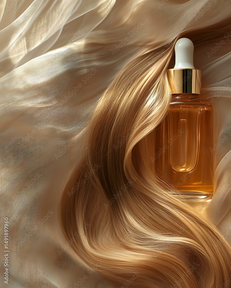 Naklejka premium Hair care Elegant hair oil and smooth hair isolated on solid pure white background, reflection Luxurious Hair Oil for Silky Smooth Finish Botanical Hair Serums with Natural Extracts Minimalist Premium