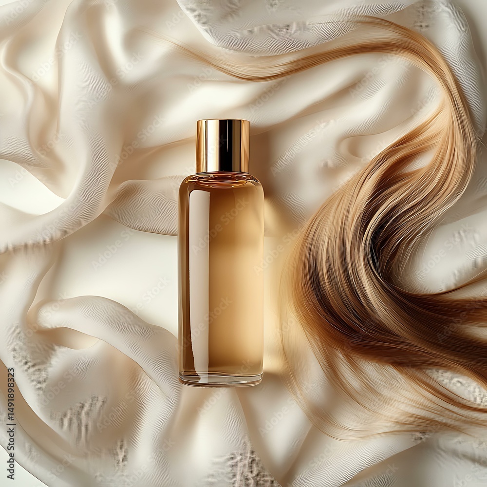 Naklejka premium Hair care Elegant hair oil and smooth hair isolated on solid pure white background, reflection Luxurious Hair Oil for Silky Smooth Finish Botanical Hair Serums with Natural Extracts Minimalist Premium