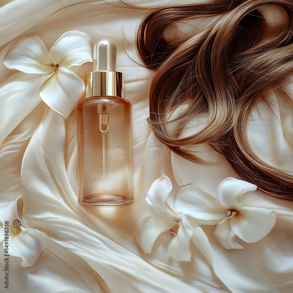 Naklejka premium Hair care Elegant hair oil and smooth hair isolated on solid pure white background, reflection Luxurious Hair Oil for Silky Smooth Finish Botanical Hair Serums with Natural Extracts Minimalist Premium