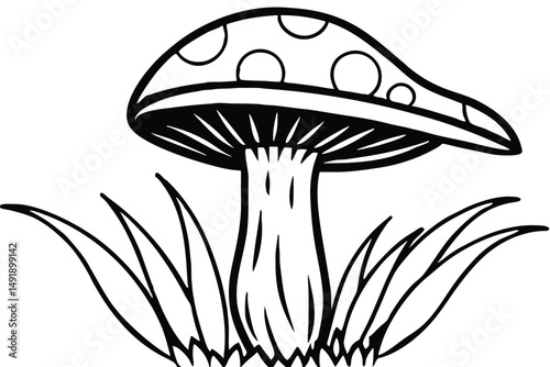 Simple Line Art Illustration of a Mushroom Growing in the Grass on a White Background