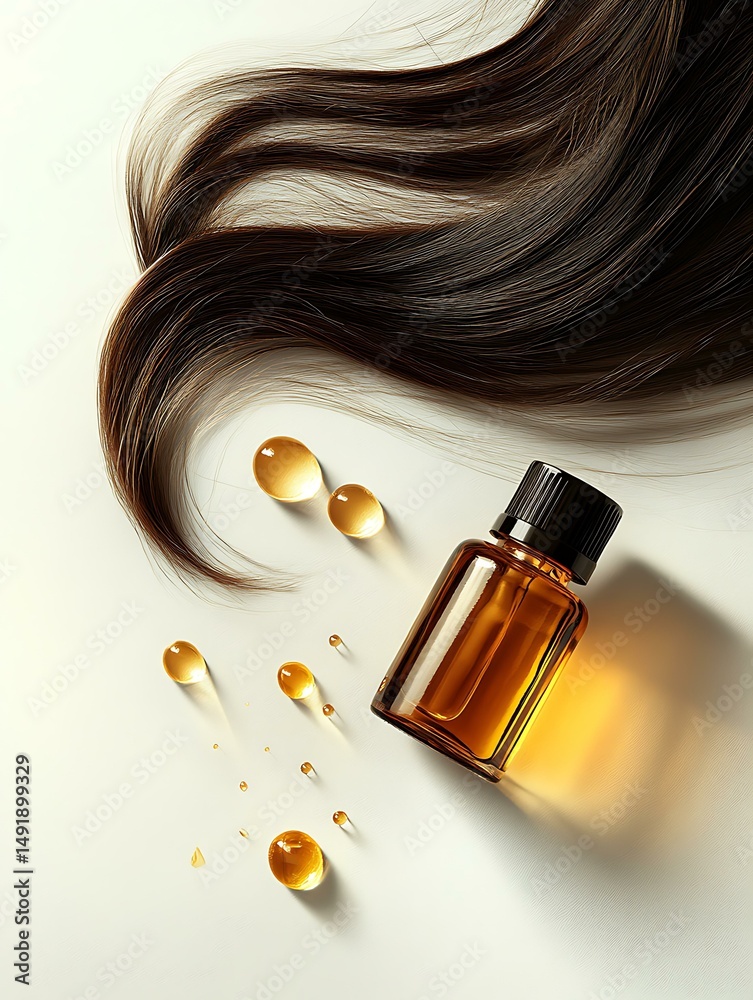 Naklejka premium Hair care Elegant hair oil and smooth hair isolated on solid pure white background, Oil for Silky Smooth Finish Botanical Hair Serums with Natural Extracts Minimalist Premium