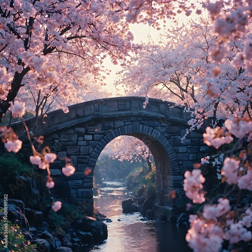 The image depicts a stone bridge with an archway set amidst cherry blossoms, with the sun's rays shining through the pink flowers.