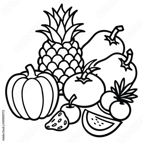 Black and White Outline Drawing of Fresh Fruits and Vegetables, Including Pineapple, Tomato, Pumpkin, and Strawberries.