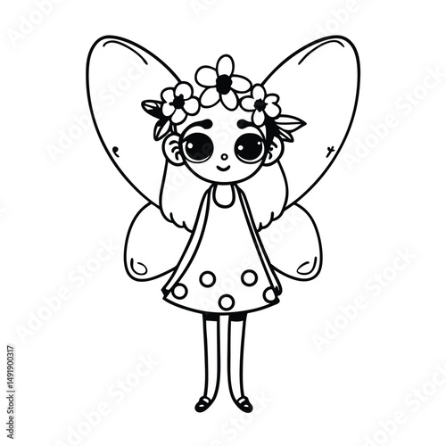 Cute Black and White Fairy Girl with Flower Crown and Wings, Outline Illustration for Coloring Book or Print.