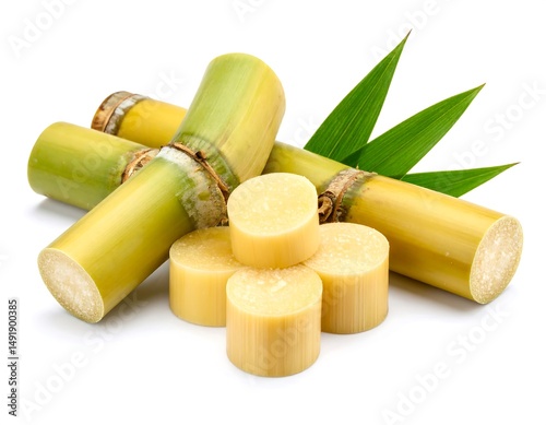 Close-up shot of sugarcane stalks and sliced pieces with green leaves on a white background. The image showcases the natural texture and color of the sugarcane