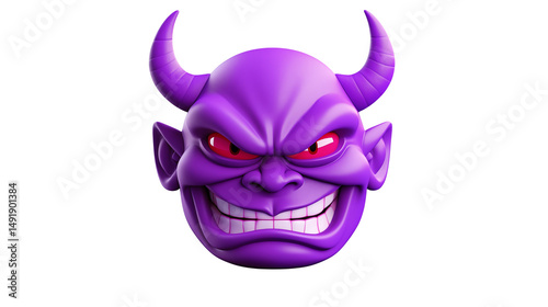 Purple Devil Head Cartoon Character with Horns Evil Grin 3D Render